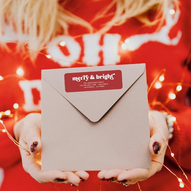 Étiquette Merry Bright Retro Rouge Noël Adresse de retour (Créateur téléchargé)