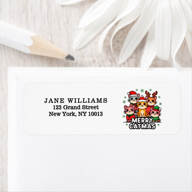 Étiquette Merry Catmas Christmas Return Address Label (En situation)