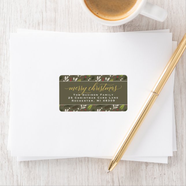 Étiquette Merry Christmas Olive Gold Elegant Script Address (En situation)