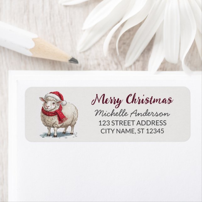 Étiquette Merry Christmas Sheep Santa Return Address Label  (En situation)