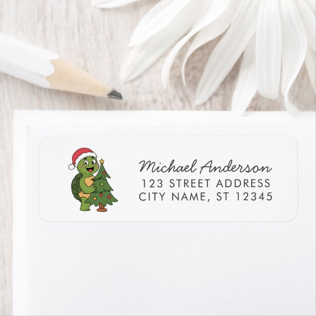 Étiquette Merry Christmas Turtle à Santa Hat Retourner l'adr (En situation)