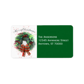 Étiquette Merry Christmas Wreath Watercolor Art On Green