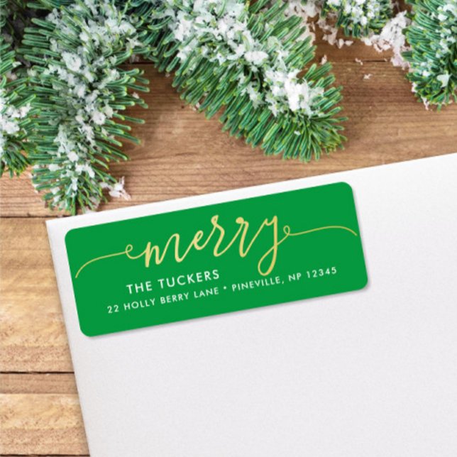 Étiquette MERRY Script Gold & Bright Green Christmas Adresse (Créateur téléchargé)