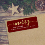 Étiquette MERRY Script Gold Foil Dark Red Christmas Adresse<br><div class="desc">Ce design simple présente le salut festif "joyeux" en fausse feuille d'or. Cliquez sur le bouton personnaliser pour plus de flexibilité dans la modification/ajout de texte/photos et d'éléments de conception ! Des variantes de cette conception ainsi que des produits de coordination sont disponibles dans notre boutique, zazzle.com/store/doodlelulu. Contactez-nous si vous...</div>