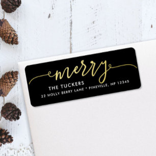Étiquette MERRY Script Gold Foil sur Black Christmas Address