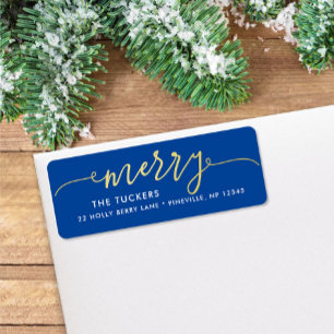 Étiquette MERRY Script Gold Foil sur l'adresse de Noël bleue