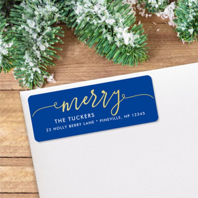 Étiquette MERRY Script Gold Foil sur l'adresse de Noël bleue (Créateur téléchargé)