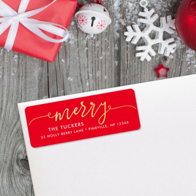 Étiquette MERRY Script Gold Foil sur l'adresse de Noël rouge (Créateur téléchargé)