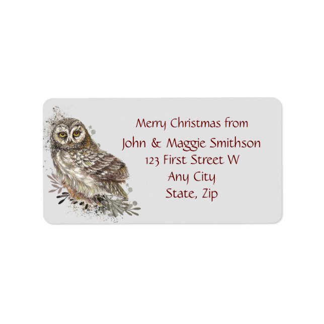 Étiquette Message personnalisé Chouette aquarelle de Noël (Devant)