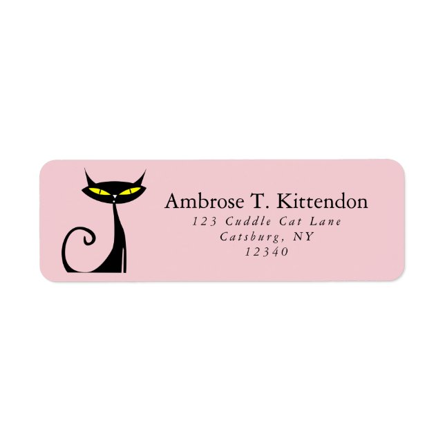 Étiquette Mid Century Moderne Atomique Rétro Chat Noir Rose  (Devant)
