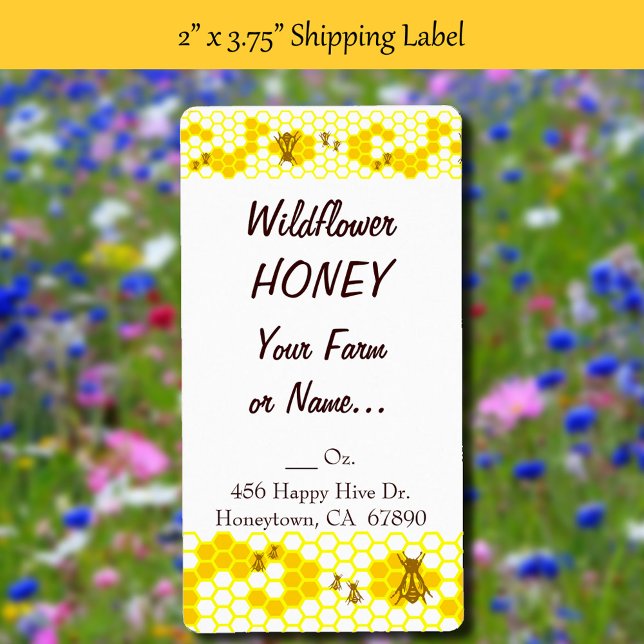 Étiquette Miel Bee Honeycomb Personnalisé 2" x 3,75" Étiquet (Honey Bee Honeycomb Custom 2 x 3.75 Shipping Label)