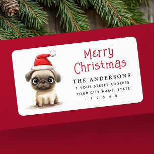 Étiquette Mignonne chien carlin chapeau de Noël adresse de r