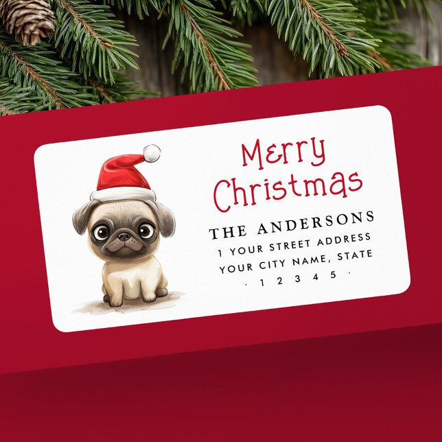 Étiquette Mignonne chien carlin chapeau de Noël adresse de r (Cute pug dog Santa hat Christmas return address Label)