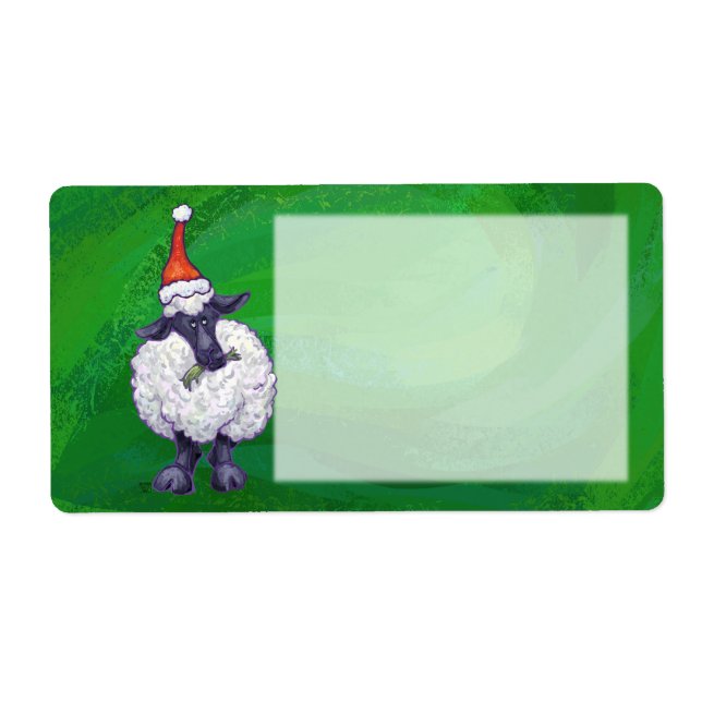 Étiquette Mignonne mouton à Santa Chapeau sur vert (Devant)