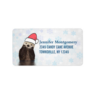 Étiquette Mignonne Otter portant un chapeau de Père Noël