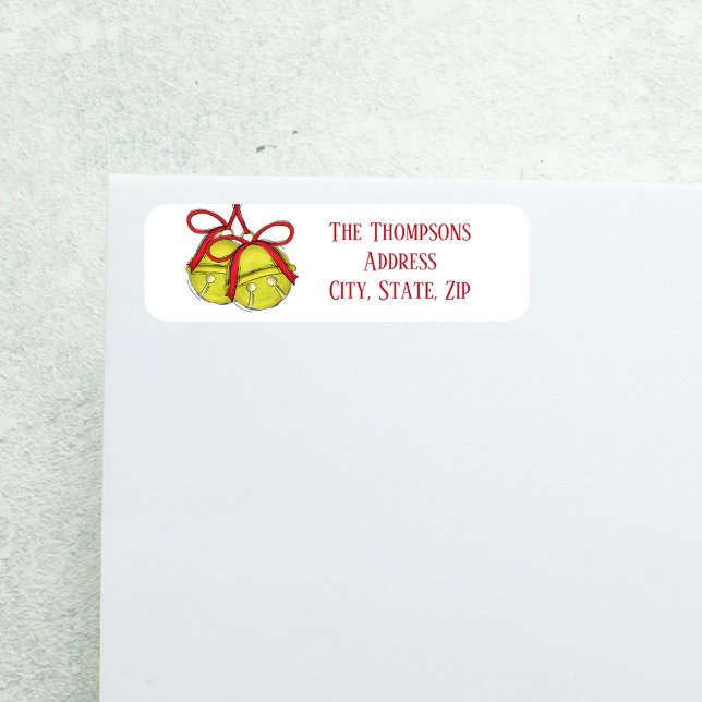 Étiquette Mignonne Simple Vacances Mailing (Festive Christmas return address label with gold jingle bells and red ribbon bow.)