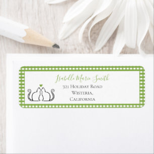 Étiquette Mignons Chats Noirs Cœur Vert Bordure Gingham Blan