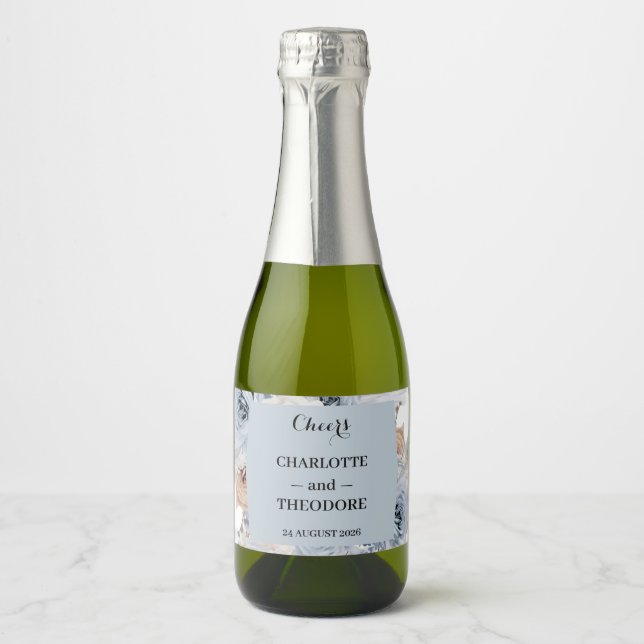 Étiquette Mini Champagne Florale Bohème Bleue Pous (Devant)