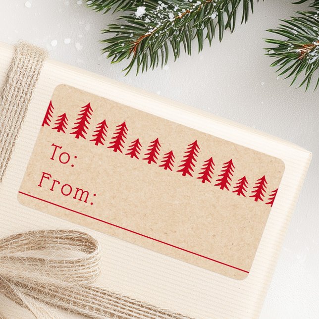 Étiquette Minimal cute Christmas trees red Kraft print (Minimal cute Christmas trees red Kraft print Label)