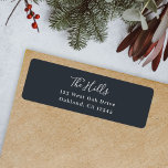 Étiquette Minimal Elegant Stylish Black Return Address<br><div class="desc">A stylish modern holiday return address label with a handwritten script font for your family name in white with a dark bluish off black feature color in a 'scandi' scandinavian design style. The name and address can be easily customized for a personal touch. A trendy, minimalist and contemporary design to...</div>