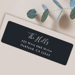 Étiquette Minimal Elegant Stylish Black Return Address<br><div class="desc">A stylish modern holiday return address label with a handwritten script font for your family name in white with a dark bluish off black feature color in a 'scandi' scandinavian design style. The name and address can be easily customized for a personal touch. A trendy, minimalist and contemporary design to...</div>