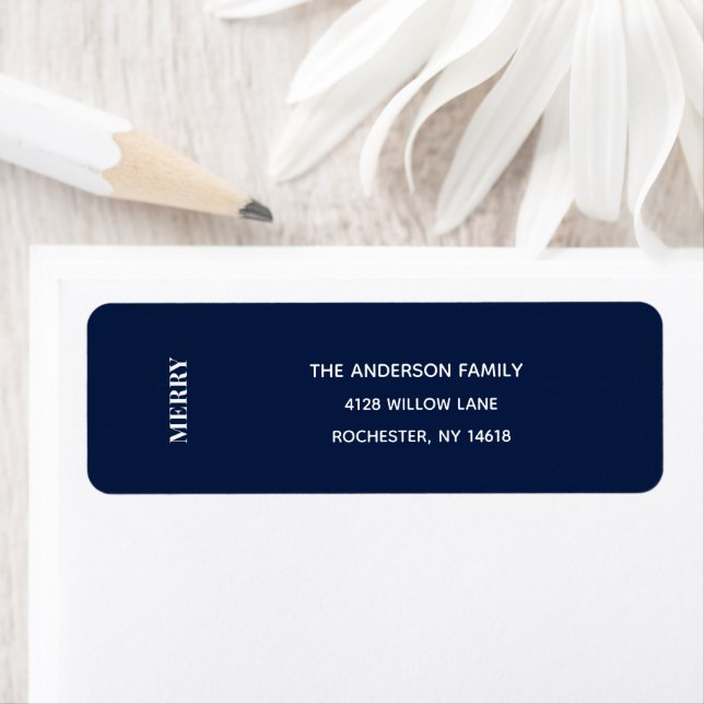 Étiquette Minimal MERRY | Navy Blue Holiday Address Label (En situation)