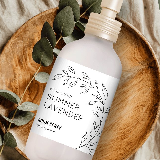 Étiquette minimaliste Botanique Noir Salle Blanche (Minimal air freshener spray label design featuring elegant floral motif and modern fonts)