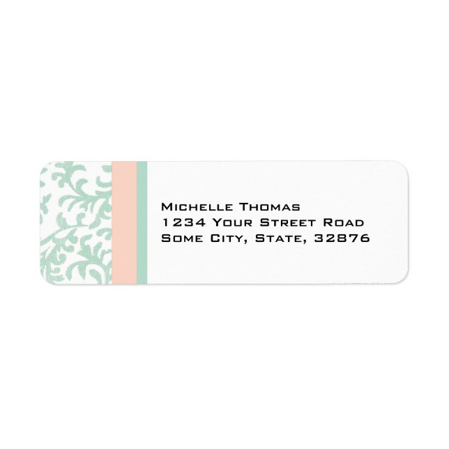 Étiquette Mint Green et Peach Pink Damask Adresse de retour (Devant)