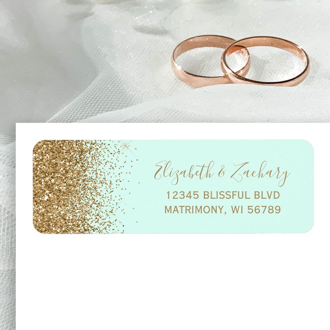 Étiquette Mint Green Gold Glitter Wedding Return Address (Créateur téléchargé)