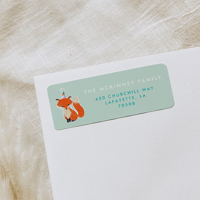Étiquette Mint Green mite Fox Party Casquette Woodland (Fox in a birthday party hat mint green return address label.)