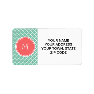 Étiquette Mint Green Quatrefoil Motif, Coral Monogramme