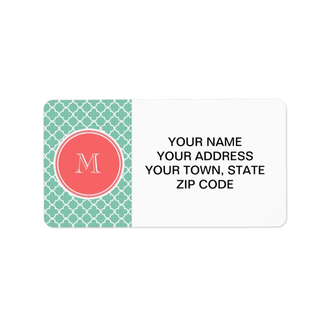 Étiquette Mint Green Quatrefoil Motif, Monogramme de corail (Devant)