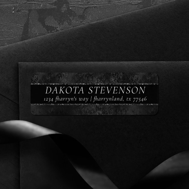 Étiquette Minuit Onyx Romance | Black Satiny Grunge Damask (Créateur téléchargé)