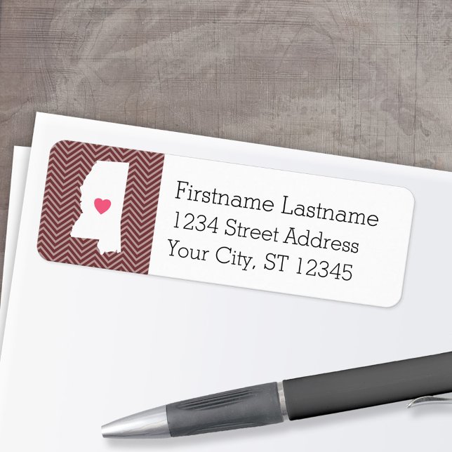 Étiquette Mississippi Accueil Amour de l'État avec le coeur  (Personalized Mailing Label with Return Address and State Map - Low Minimum)