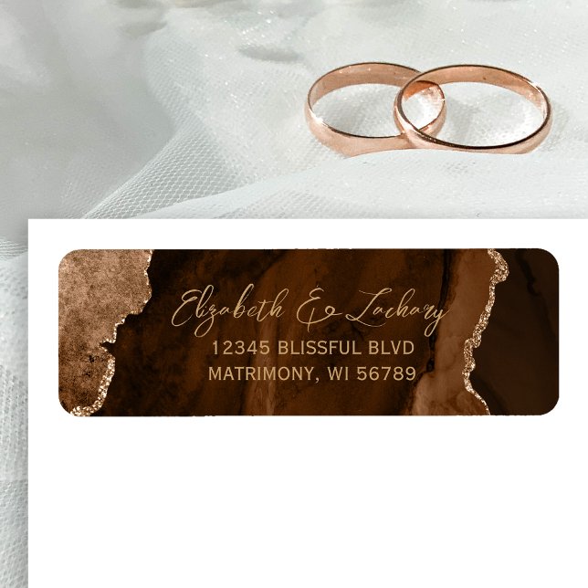 Étiquette Mocha Brown Agate Script Wedding Return Address (Créateur téléchargé)