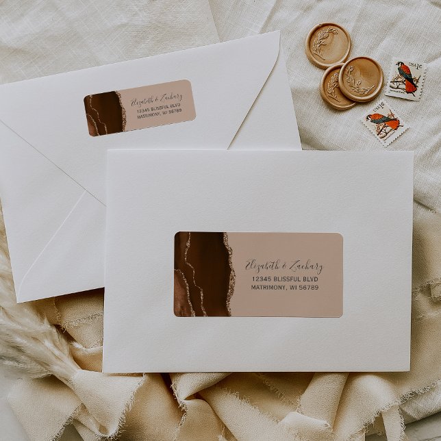Étiquette Mocha Brown Gold Agate Tan Mariage Adresse de reto (Créateur téléchargé)