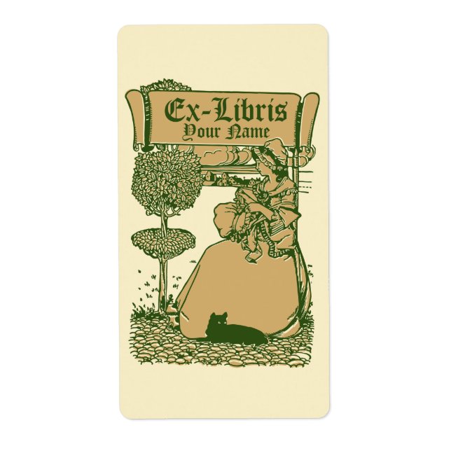 Étiquette Modèle de fille et de chat Ex Libris Art Nouveau (Devant)