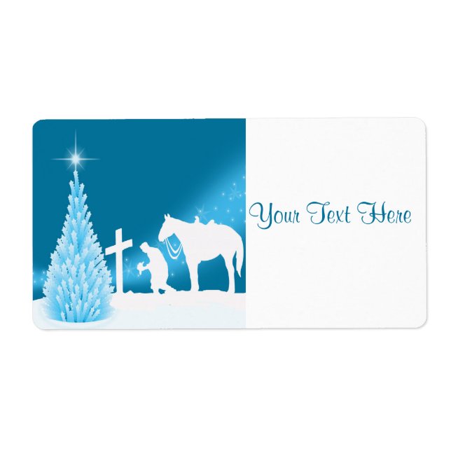 Étiquette Modèle d'étiquette de nom de Cowboy de Noël priant (Devant)