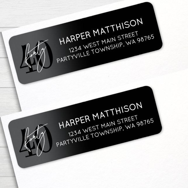 Étiquette Modern Black 40th Birthday Party Return Address (Modern Black 40th Birthday Party Return Address label)