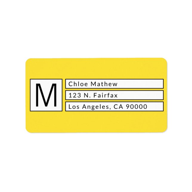 Étiquette Modern Box Monogram Jaune, b&w Adresse de retour (Devant)