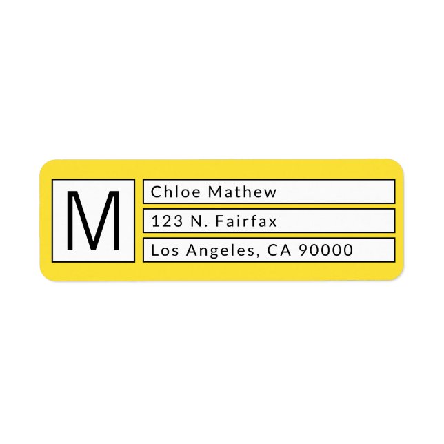 Étiquette Modern Box Monogram Jaune, b&w Adresse de retour (Devant)
