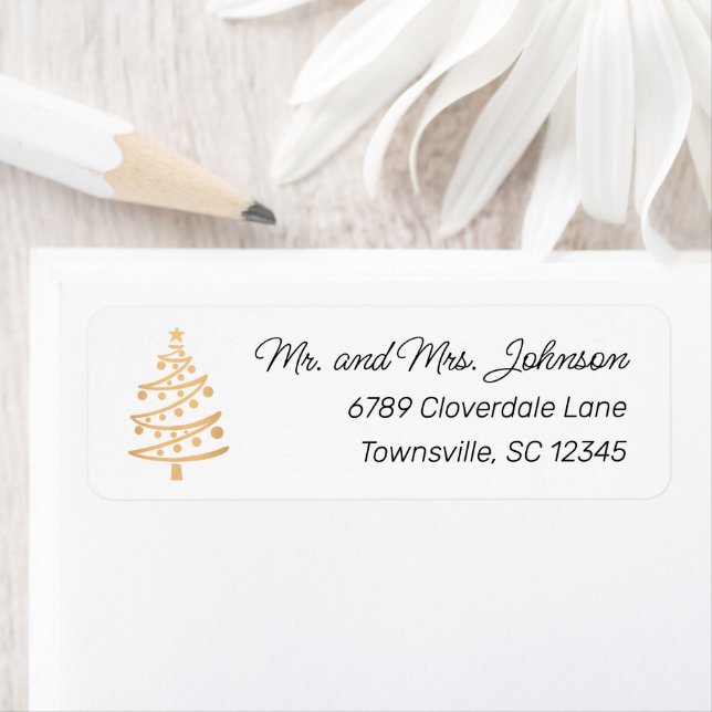 Étiquette Modern Faux Gold Christmas Tree Retour Adresse (En situation)