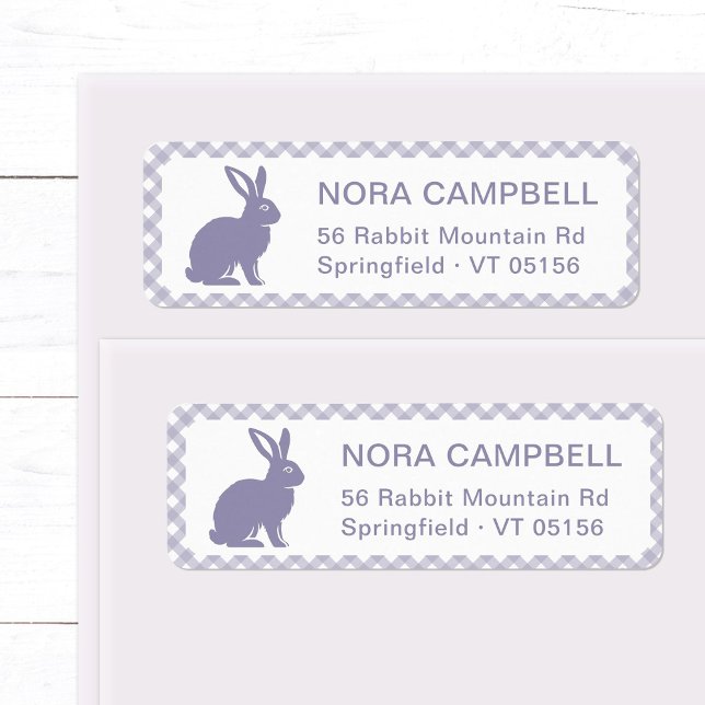 Étiquette Modern Lavender Bunny En vichy Adresse de retour (Modern, cute lavender bunny return address label with classic gingham checks background.)