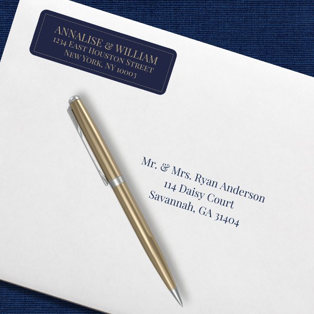 Étiquette Modern Navy Blue Gold Mariage Adresse de retour (Navy blue and gold return address label for every day or special occasions)