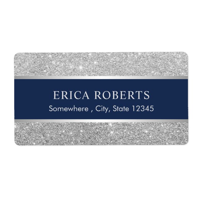 Étiquette Modern Navy Blue & Silver Glitter Beauty Salon (Devant)