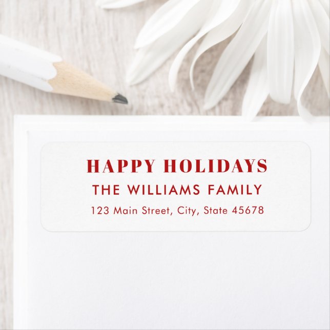 Étiquette Modern Red and White Happy Holidays Return Address (En situation)