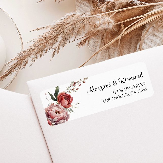 Étiquette Modern Rustic Bourgogne Floral Mariage Adresse (Créateur téléchargé)