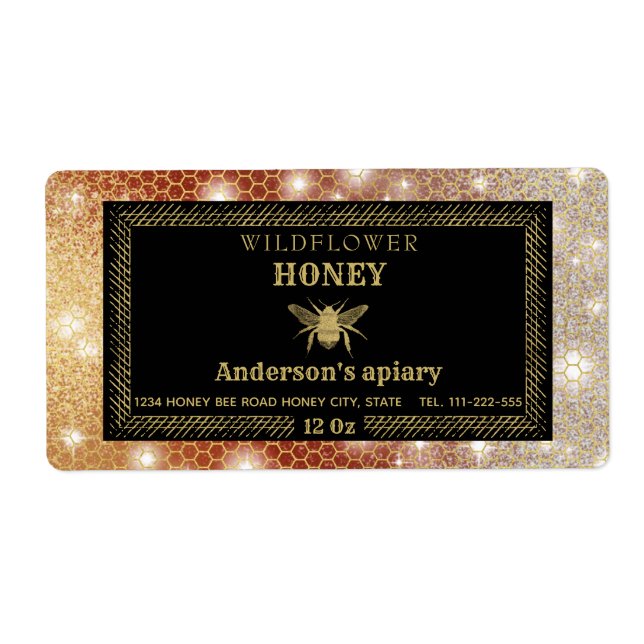 Étiquette Modern sparkle honeycomb gold bee honey jar label (Devant)