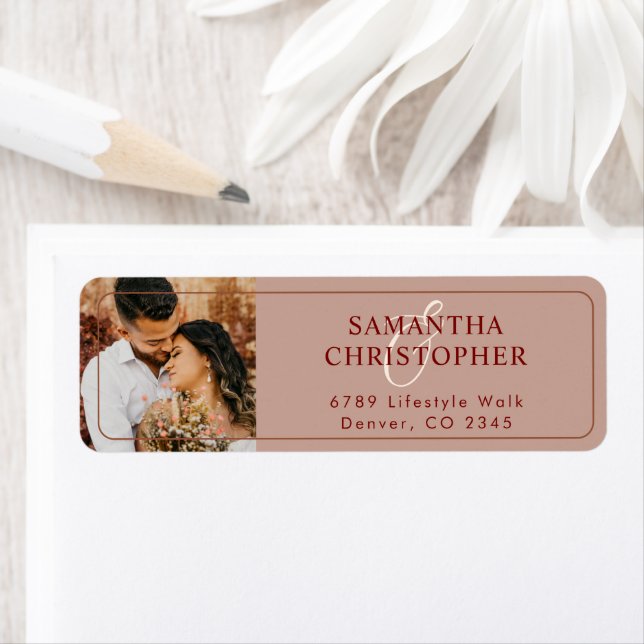 Étiquette Modern Terracotta Photo Wedding Return Address Lab (En situation)
