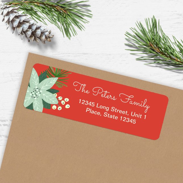 Étiquette Moderne adresse de Noël florale rouge gras  (Modern Bold Red Floral Merry Christmas address Label)